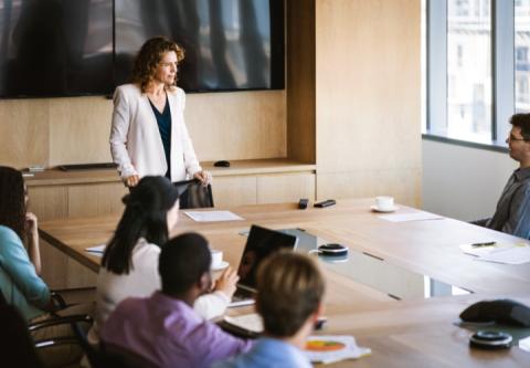 Professional woman leading team in board room