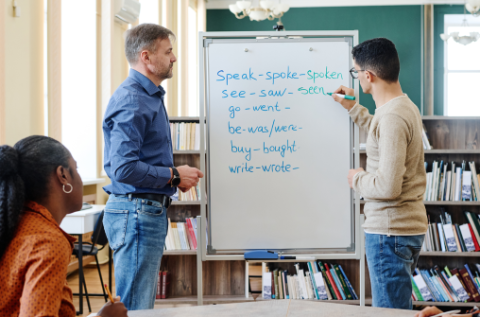 two people discussing language on whiteboard