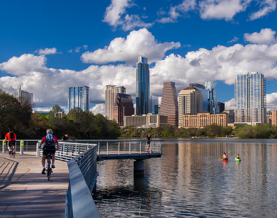 Photo of the Austin skyline and hike and bike trail