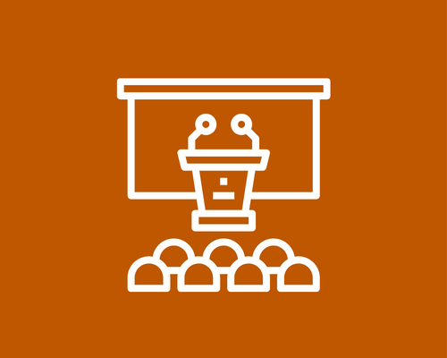 Icon of speaker podium in front of an audience