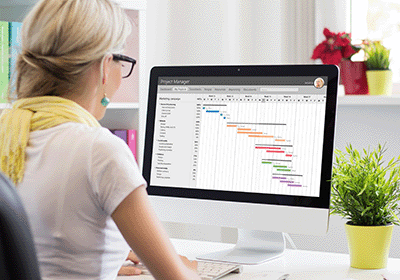 woman on computer assessing project timeline