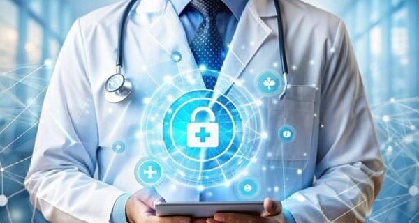 Healthcare professional holding tablet with digital lock