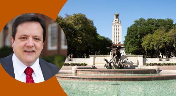 Dana Willett's headshot overlaying image of ut tower and fountain