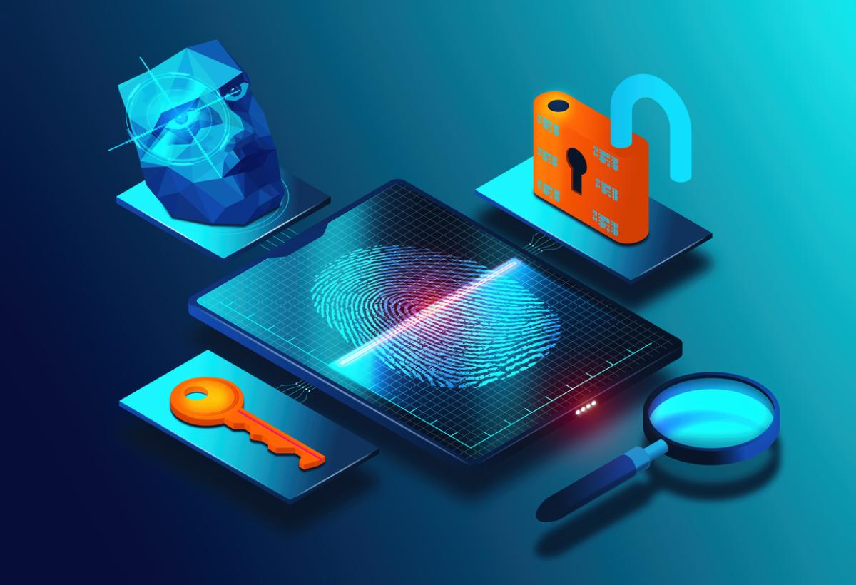 Digital illustration of a thumbprint scanner, lock, and magnifying glass