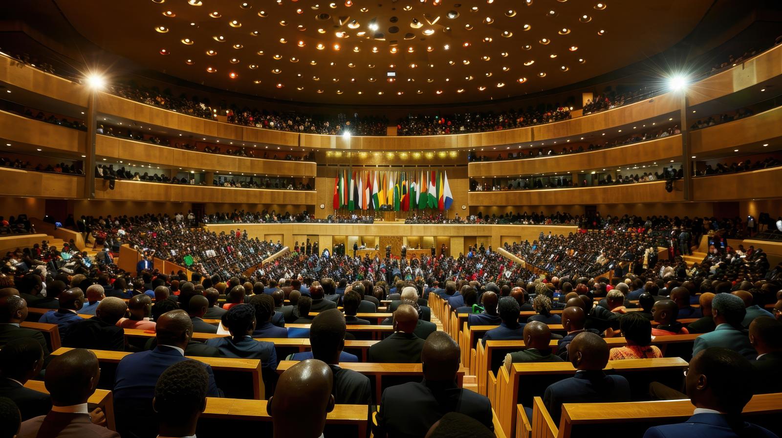 Auditorium meeting hall with country flags on stage