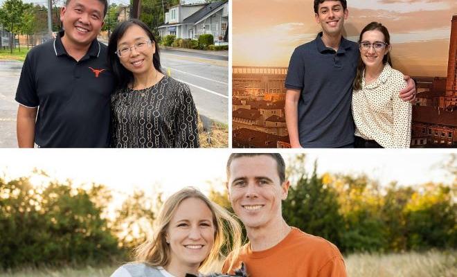 three sets of couples embracing their partners and smiling