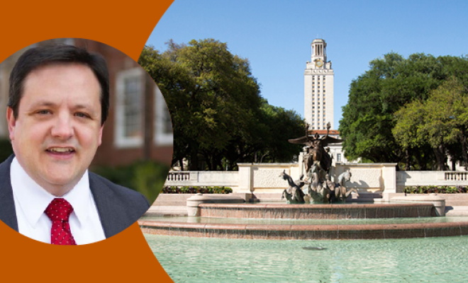 Dana Willett's headshot overlaying image of ut tower and fountain