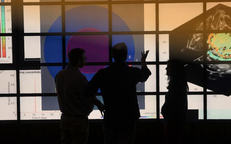 3 silhouettes against illuminated panels