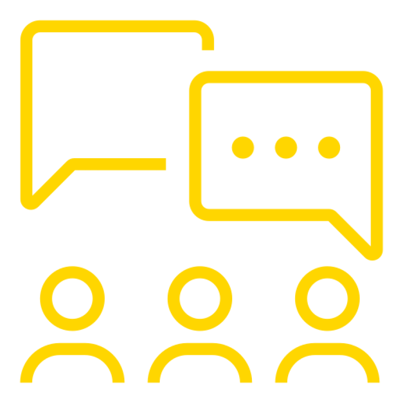 three people talking with speech bubbles