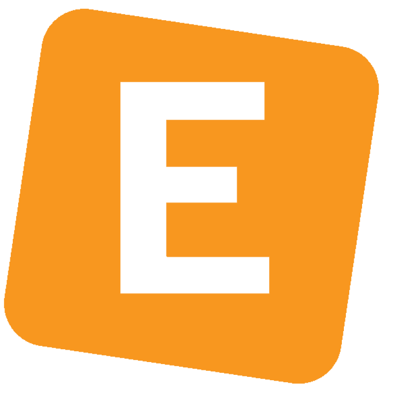 the letter "e" on an orange background