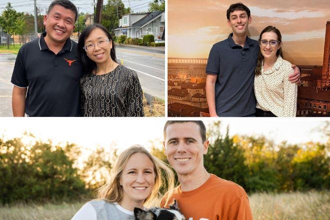 three sets of couples embracing their partners and smiling