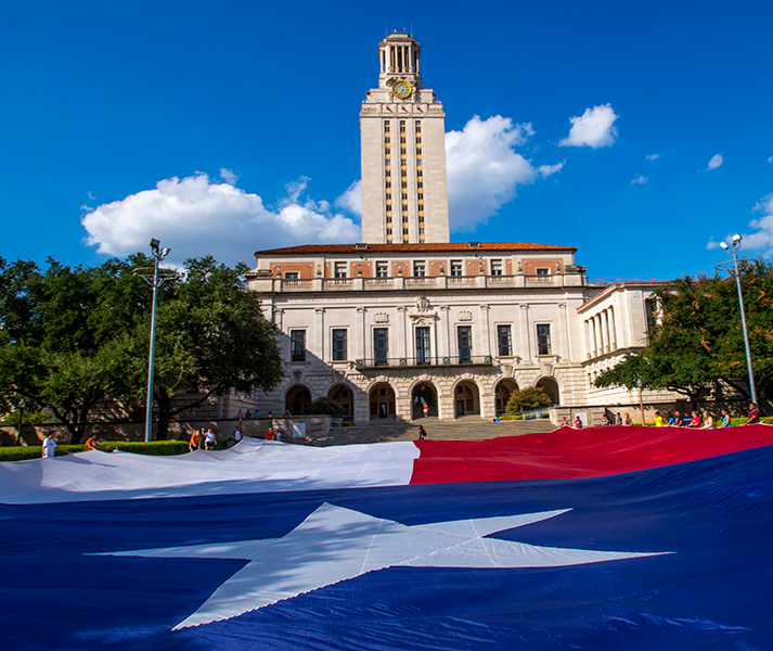 Texas flag in front of UT Tower